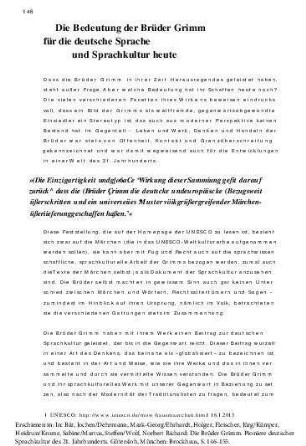 Die Bedeutung der Brüder Grimm für die deutsche Sprache und Sprachkultur heute