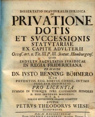 Diss. inaug. iur. de privatione dotis et successionis statutariae ex capite adulterii : occas. art. II. tit. III. p. III. statut. Hamburgens.