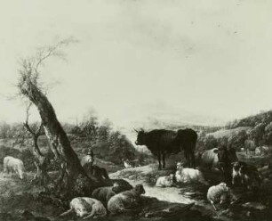 Hirtund Herde am alten Weidenbaume