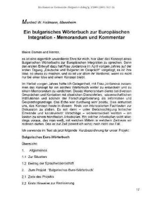 Ein bulgarisches Wörterbuch zur Europäischen Integration - Memorandum und Kommentar