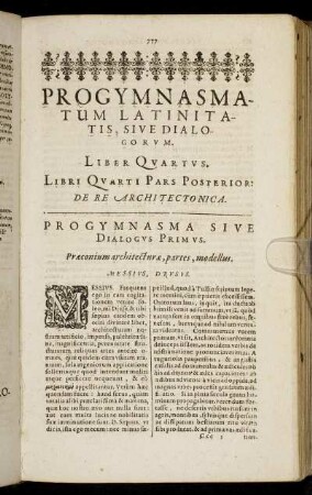De Re Architectonica. Progymnasma Sive Dialogus Primus. - Progymnasma Undecimum.