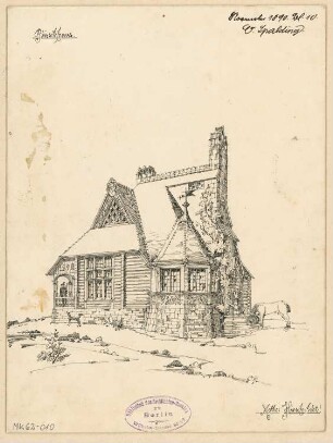 Pirschhaus Monatskonkurrenz November 1890: Perspektivische Ansicht (mit Brunnen)