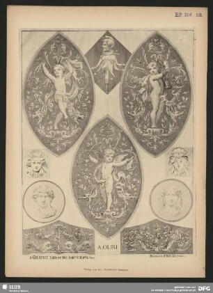 Medaillons mit Amoretten, allegorischen Darstellungen der Musik, der Skulptur und der Poesie