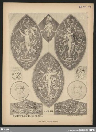 Medaillons mit Amoretten, allegorischen Darstellungen der Musik, der Skulptur und der Poesie
