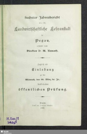 6.1902: Jahresbericht über die Landwirtschaftliche Lehranstalt in Pegau