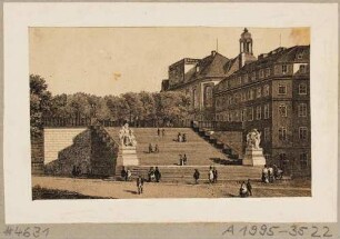 Die Treppe zur Brühlschen Terrasse, Blick vom Schlossplatz auf das Fürstenbergische Haus (Finanzhaus), mit Pferdekutschen