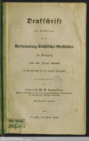 Denkschrift zur Erinnerung an die Versammlung sächsischer Geistlicher zu Leipzig am 14. Juli 1848 : im Einverständnis mit den zunächst Betheiligten