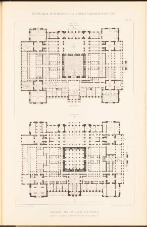 Reichstag, Berlin Zweiter Wettbewerb: Grundriss EG, 1. OG (aus: Sammelmappe hervorragender Konkurrenzentwürfe H. 6, hrsg.v. K.E.O. Fritsch, 1883)