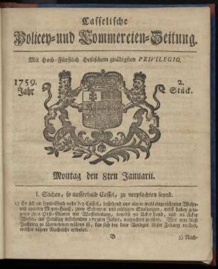 2. Stueck, Montag den 8ten Januarii 1759