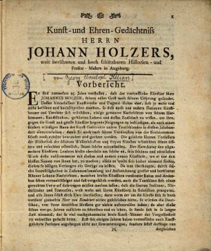 Kunst- und Ehrengedächtniß Herrn Johann Holzers, weit berühmten und hoch schätzbaren Historien- und Frescomalers in Augsburg