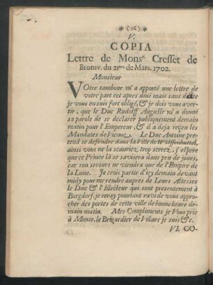 V. Copia Lettre de Monsr. Cresset de Bronsu. du 21me Mars. 1702