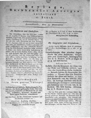 1802-12-04 : Beylage, Buchhändler Anzeigen enthaltend. 17. Stück.