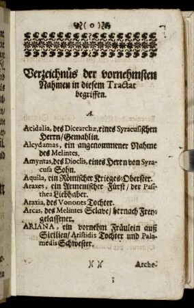 Verzeichnis der vornehmsten Nahmen in diesem Tractat begriffen.