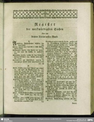 Register der merkwürdigsten Sachen über des dritten Theiles ersten Band