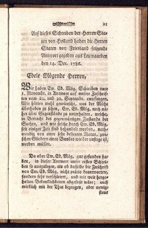 Auf dieses Schreiben der Herren Staten von Holland haben die Herren Staten von Friesland folgende Antwort gegeben aus Leuwaarden den 14. Dec. 1786