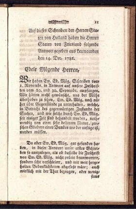 Auf dieses Schreiben der Herren Staten von Holland haben die Herren Staten von Friesland folgende Antwort gegeben aus Leuwaarden den 14. Dec. 1786