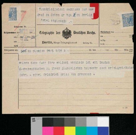 Schreiben zur Heimkehr von Graf Dohna von Eitel Friedrich Prinz von Preussen