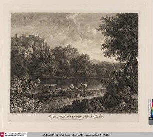 [Landschaft mit einem Ort auf einem Hügel, einem Fluss und meheren Figuren im Vordergrund]
