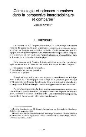 19-25, 1. Criminologie et sciences humaines dans la perspective interdisciplinaire et comparée