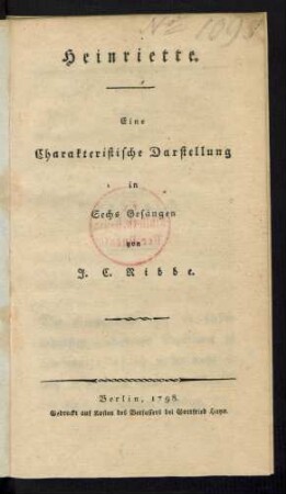 Heinriette : Eine Charakteristische Darstellung in Sechs Gesängen