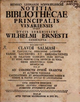 Notitia bibliothecae principalis Vinariensis ...