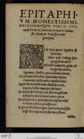 Epitaphivm honestissimi, doctissimi'qve viri D. Gvinandi Cremerij