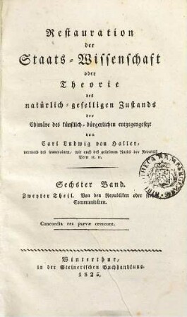 Restauration der Staats-Wissenschaft oder Theorie des natürlich-geselligen Zustands der Chimäre des künstlich-bürgerlichen entgegengesezt, 6. Band. Von den Republiken oder freyen Communitäten ; 2. Theil
