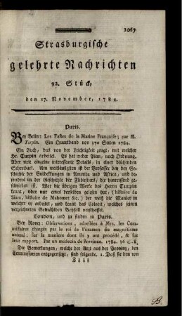 92. Stück, den 17. November, 1784.