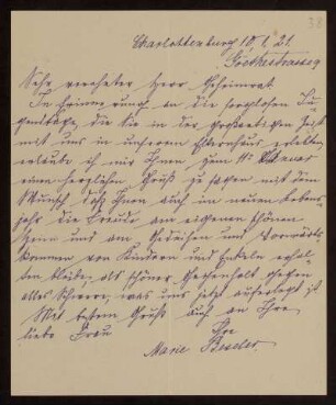 38: Brief von Marie Beseler an Otto von Gierke, Berlin-Charlottenburg, 10.1.1921