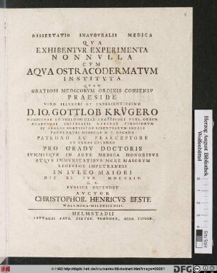 Dissertatio Inavgvralis Medica Qva Exhibentvr Experimenta Nonnvlla Cvm Aqva Ostracodermatvm Institvta