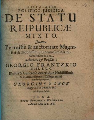 Disputatio Politico-Juridica De Statu Reipublicae Mixto