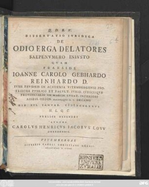 Dissertatio Ivridica De Odio Erga Delatores Saepenvmero Inivsto