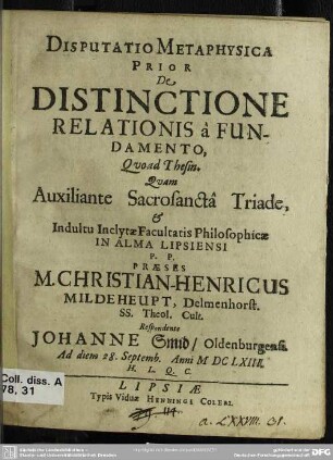 1: Disputatio metaphysica ... de distinctione relationis a fundamento