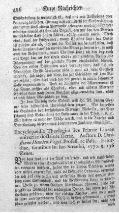 Encyclopaedia theologica sive primae lineae universae doctrinae sacrae.