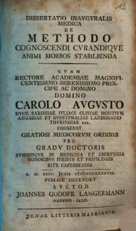 Dissertatio inauguralis medica de methodo cognoscendi curandique animi morbos stabilienda