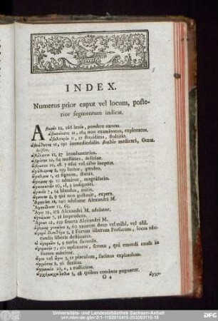 Index. Numeros prior caput vel locum, posterior segmentum indicat.