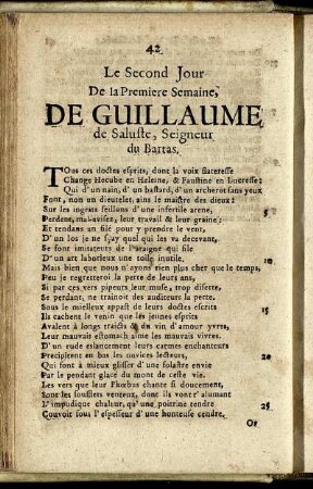 Le Second Jour De la Premiere Semaine, De Guillaume de Saluste, Seigneur du Barras = Der Andere Tag Der Ersten Woche ...