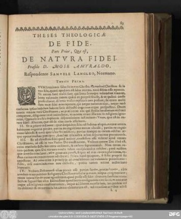 Theses Theologicae De Fide. ... Praeside D. Mose Amyraldo, Respondente Samuele Langleo, Normano.