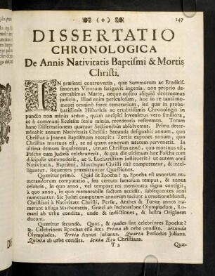 147-198, Dissertatio Chronologica. De Annis Nativitatis Baptismi & Mortis Christi