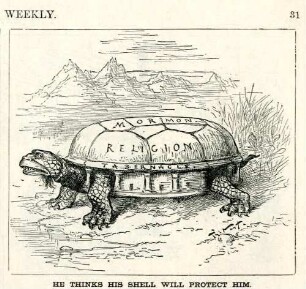 He thinks his shell will protect him : der Panzer einer Schildkröte bildet einen Mormonentempel