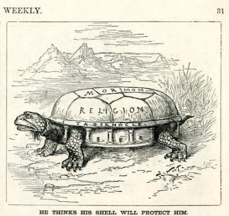 He thinks his shell will protect him : der Panzer einer Schildkröte bildet einen Mormonentempel