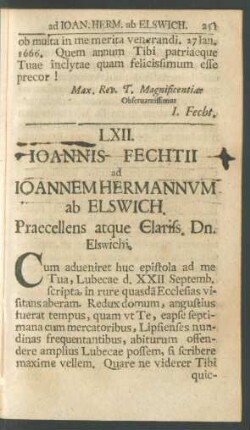 LXII. Ioannis Fechtii ad Ioannem Hermannum ab Elswich