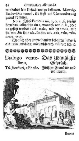 Dialogo ventesimo. Trà forastieri, e l'hoste. / Das zwanzigste Gepräch. Zwischen Fremden, und Gastwirth.