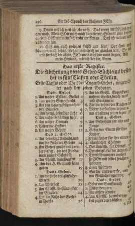 Das erste Register. Die Abtheilung dieses Gebet-Büchleins bestehet in fünf Classen oder Theilen