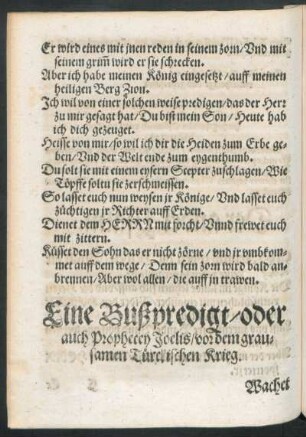 Eine Bußpredigt/ oder auch Prophecey Joelis/ vor dem grausamen Türckischen Krieg.
