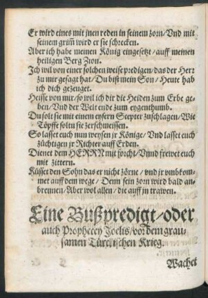 Eine Bußpredigt/ oder auch Prophecey Joelis/ vor dem grausamen Türckischen Krieg.