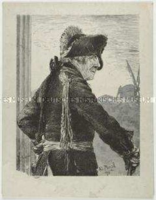 Rückenbildnis von Friedrich dem Großen, den Kopf nach rechts gewendet und den rechten Arm auf einen Stock gestützt