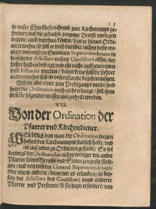 VII. Von der Ordination der Pfarrer und Kirchendiener.