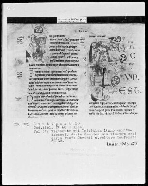 Bibel — Textseite mit zwei historisierten Initialen, Folio 34verso