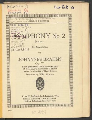 Symphony no. 2 : D Major : for orchestra : op. 73